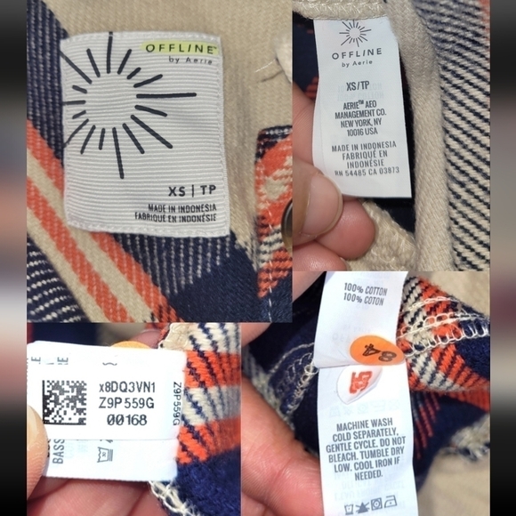 AERIE OFFLINE Flannel Button Down Jacket Shacket In Soft Oat Navy Orange Size XS - Picture 16 of 16